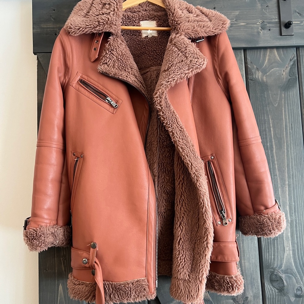 Faux leather pink shearling jacket